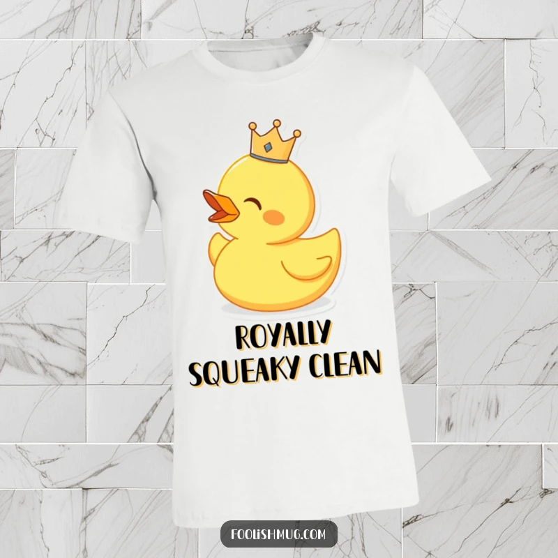 Funny singing rubber duck wearing a tiny crown, printed on a t-shirt, exuding musical joy.
