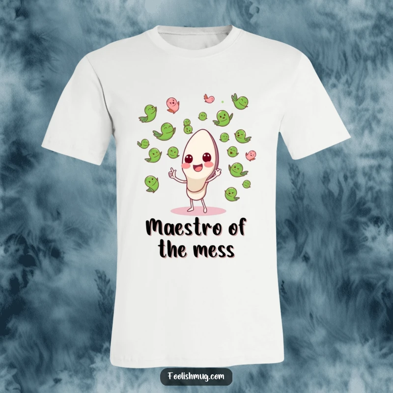 Funny T-Shirt depicting a happy spoon character leading a joyous orchestra of flying peas, a symphony of fun.
