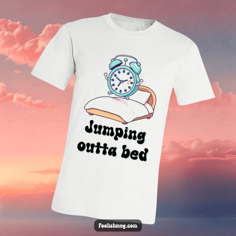 Funny alarm clock t-shirt, tiny and shocked, comically leaping with springs from a bed, illustrating humorous morning dread and urgency.