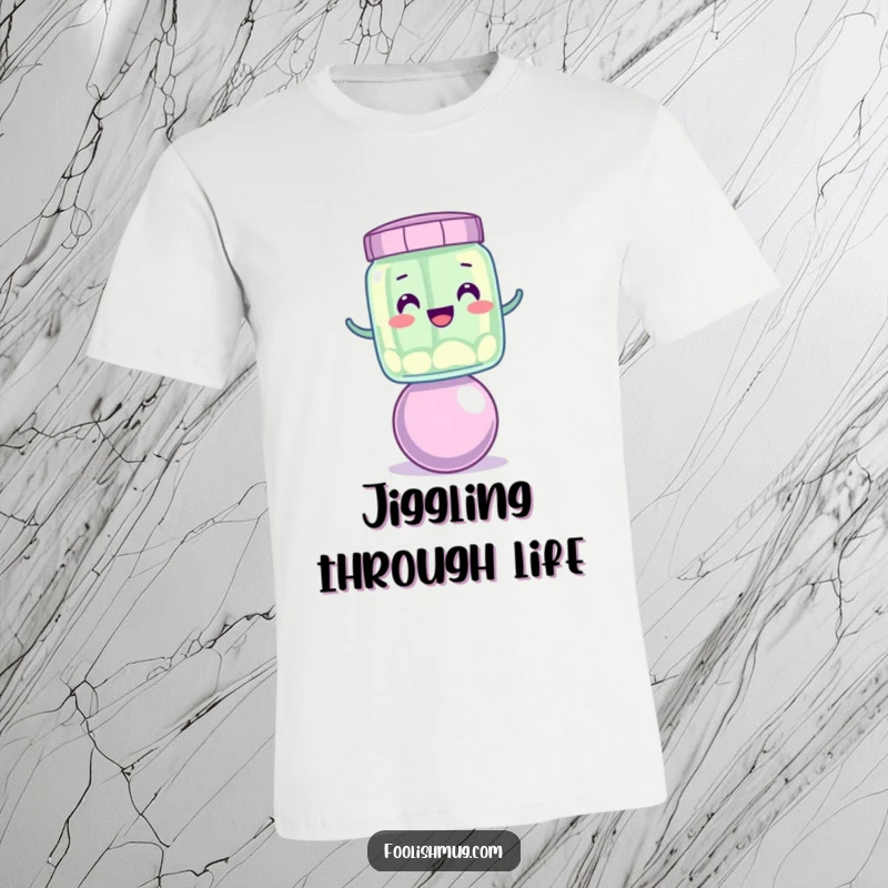 Funny wobbly jelly jar character struggling to balance on a bouncing ball, showcased on a funny t-shirt.