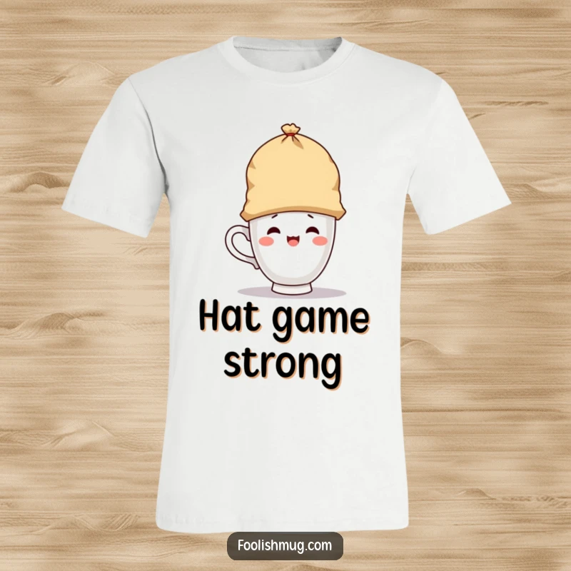 Funny t-shirt of a playful teacup character wearing a giant teabag as a hat, a whimsical and humorous design for a funny gift.