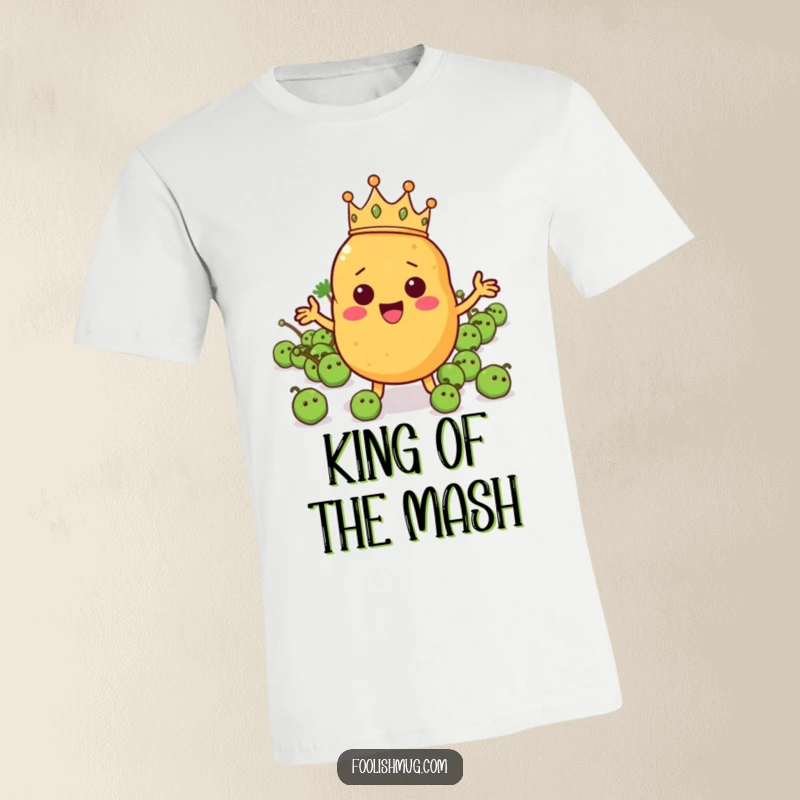 Funny potato character in a tiny crown leading a pea army on a t-shirt, perfect for fans of veggie humor.