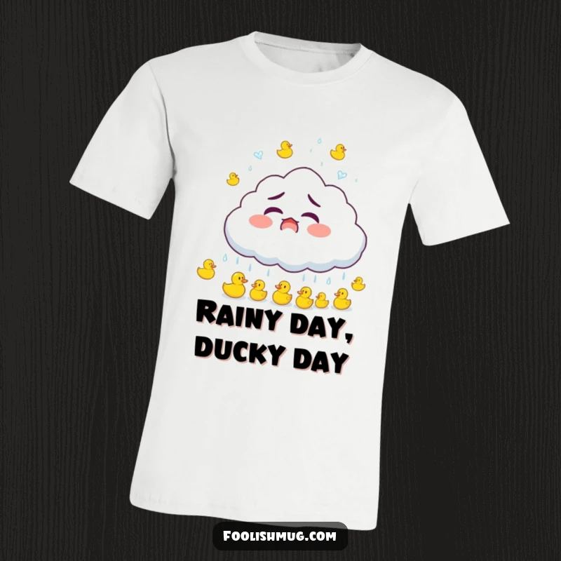 Funny fluffy cloud character startled while raining bouncing rubber ducks, a cheerful and funny t-shirt, a great funny gift.