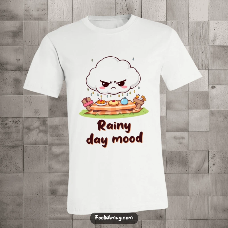 Funny grumpy cloud t-shirt raining frowns on a sunny picnic, witty and comfortable funny gift.