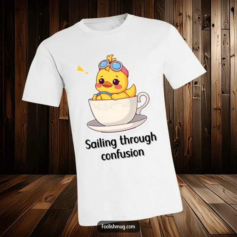 Funny t-shirt depicting a confused rubber ducky character steering a teacup like a tiny, seafaring vessel.