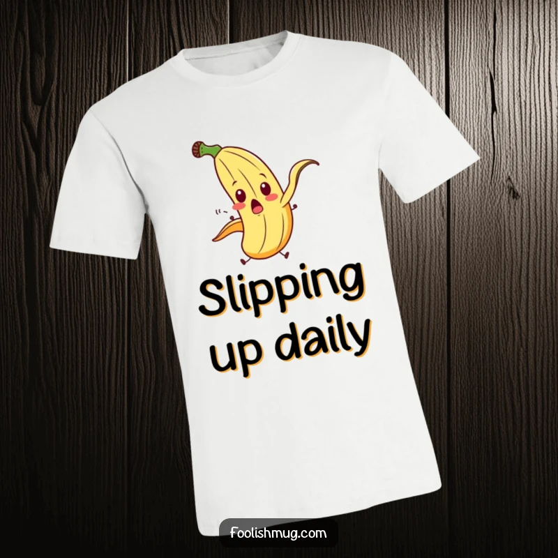 Funny banana peel character comically slipping on itself with exaggerated motion on a t-shirt, perfect for fans of slapstick.