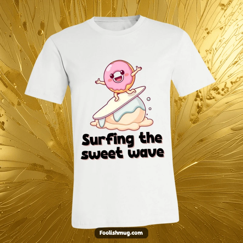 Funny Donut T-Shirt featuring a smiling donut character comically trying to surf on a melting scoop of ice cream, a sweet fail.