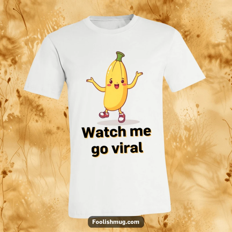 Funny T-shirt with a banana peel in miniature shoes, caught mid-dance, creating a humorous visual of slippery entertainment.