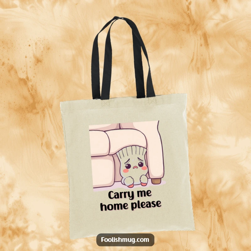 Funny Tote Bag: A flustered sock character peeking out from under a sofa, ready to carry your belongings with style.