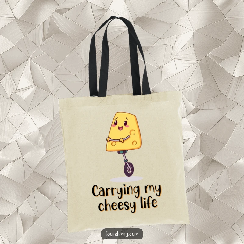 Funny tote bag with a slice of cheese on a unicycle, attempting to balance, a humorous accessory for carrying your day's triumphs.