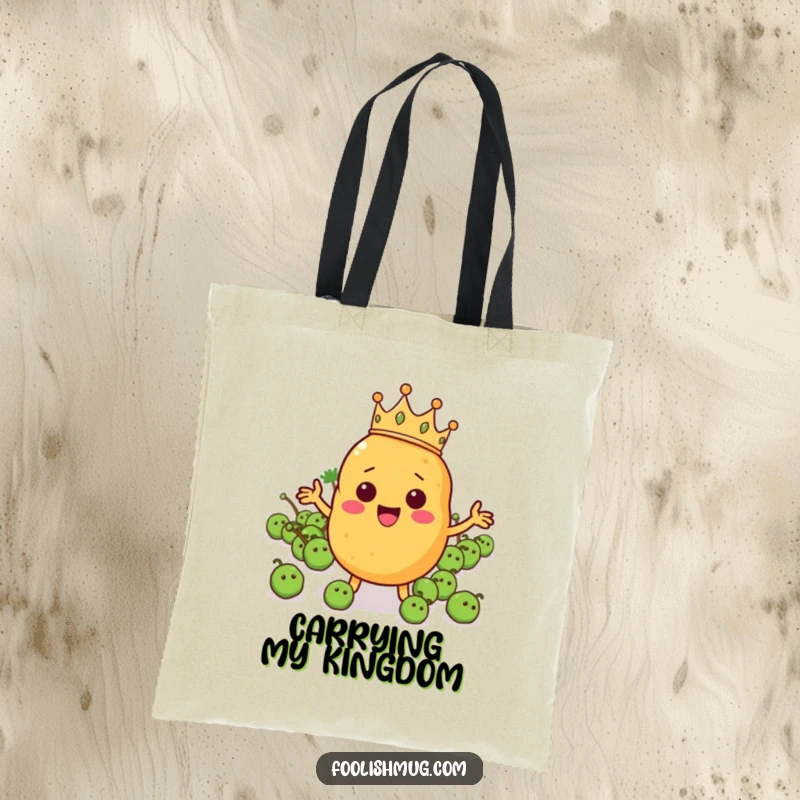 Funny potato character in a tiny crown leading a pea army on a tote bag, perfect for carrying essentials in royal style.