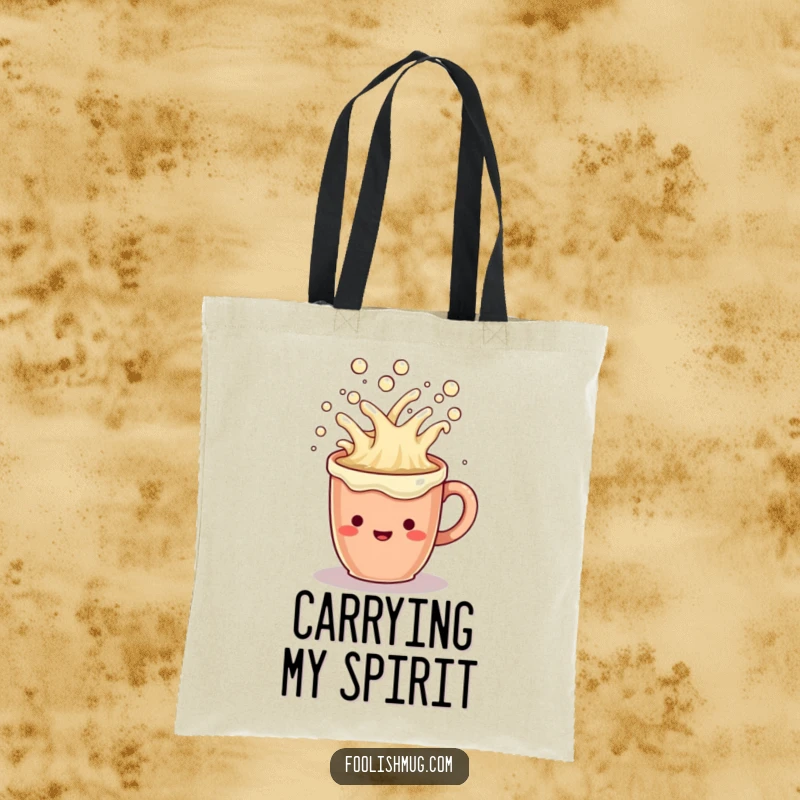Funny Tote Bag: A cheerful coffee mug character overflowing with bubbly liquid, perfect for daily use.