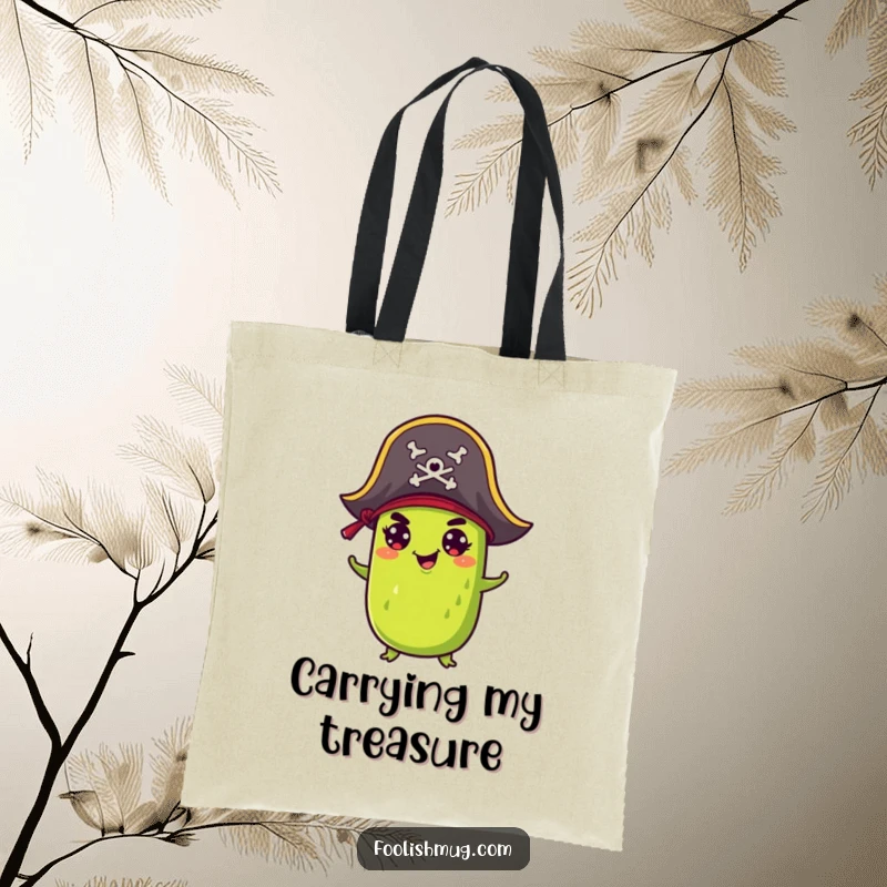Funny Tote Bag: A mischievous pickle wears a pirate hat, perfect for carrying your belongings with a dose of nautical humor.