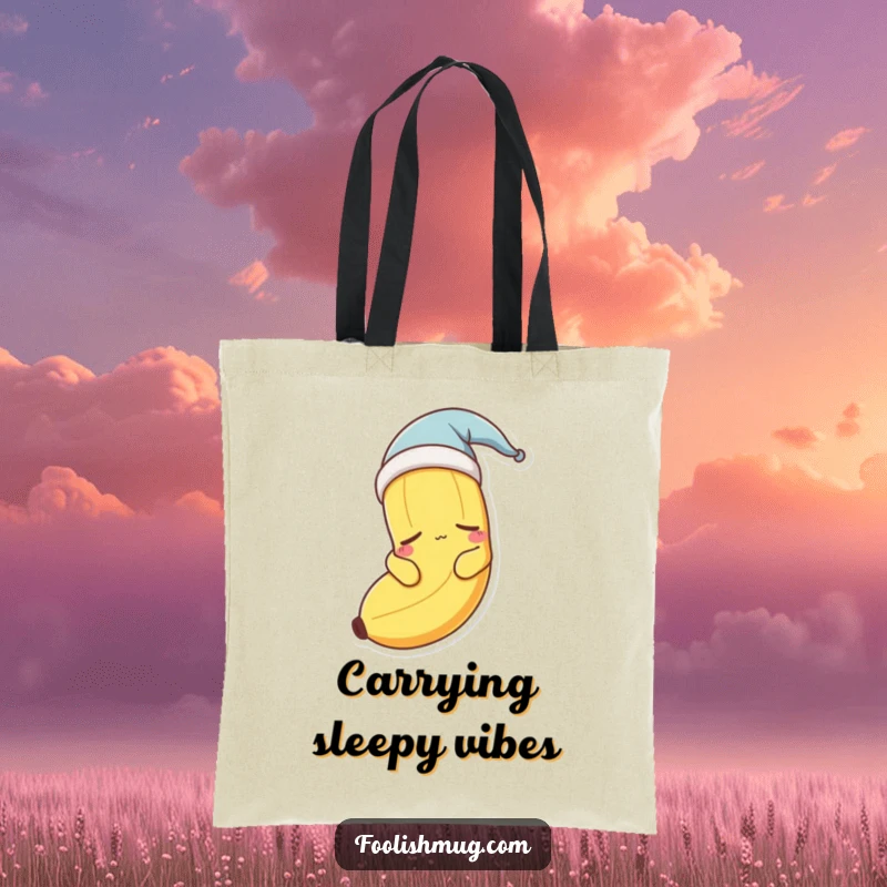 Funny banana character wearing a nightcap, drifting off to sleep, on a tote bag.