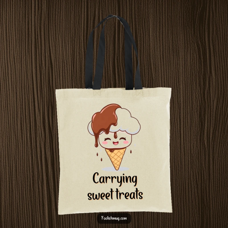 Funny tote bag illustrating a giggling cloud character raining chocolate syrup on a confused ice cream cone, a humorous and practical funny gift.