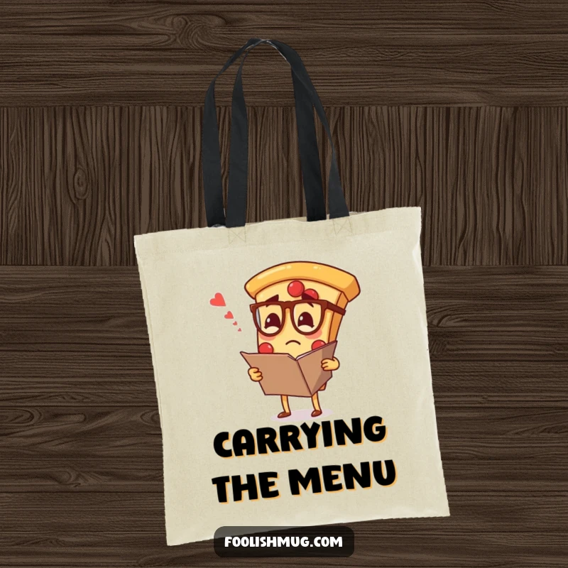 Funny tote bag with a pizza slice wearing spectacles, pondering a giant menu, perfect for carrying essentials with humor.