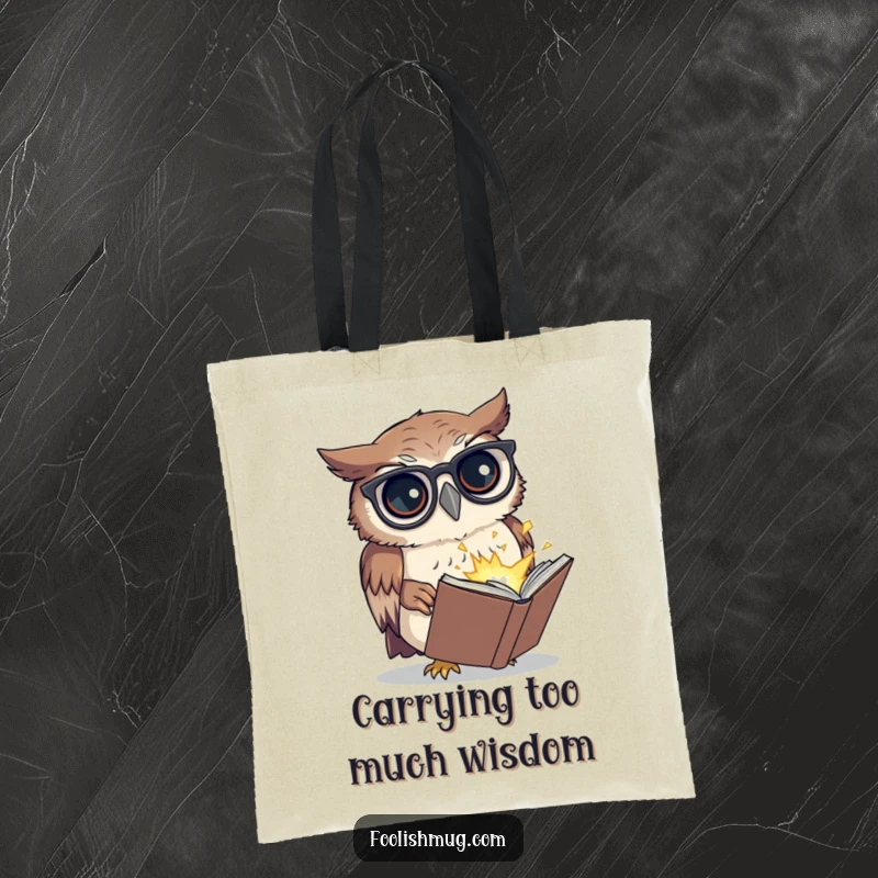 Funny tote bag showcasing a confused owl with spectacles, trying to read a tiny exploding book, a humorous accessory and funny gift.