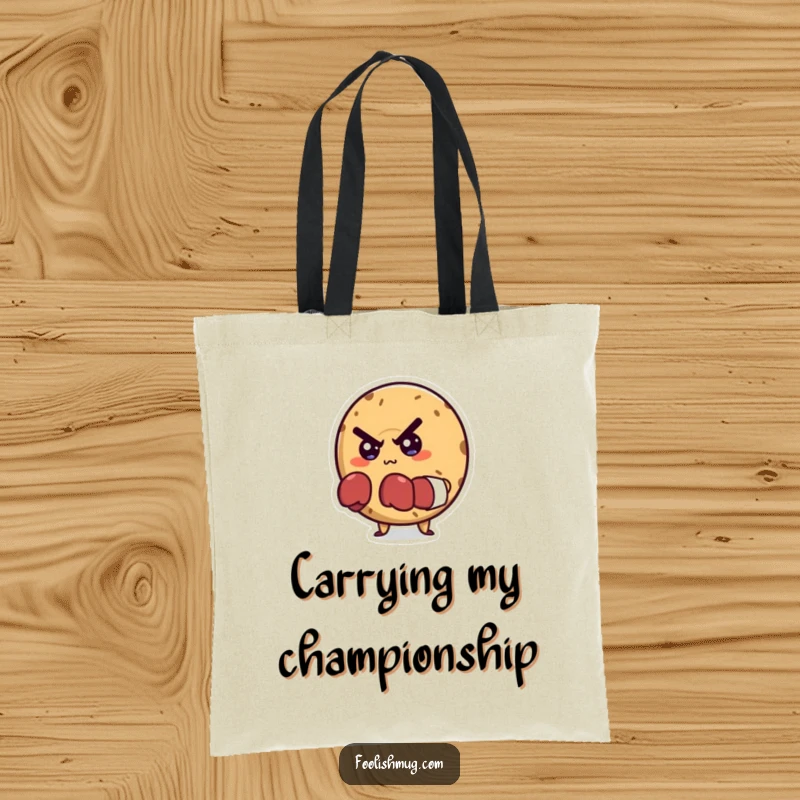 Funny tote bag with a mischievous bagel character wearing tiny boxing gloves, looking determined, ready for any task.