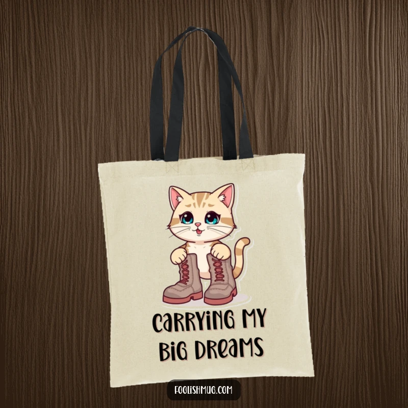 Funny Tote Bag: A cat comically attempting to put on giant boots, showcasing a humorous struggle.