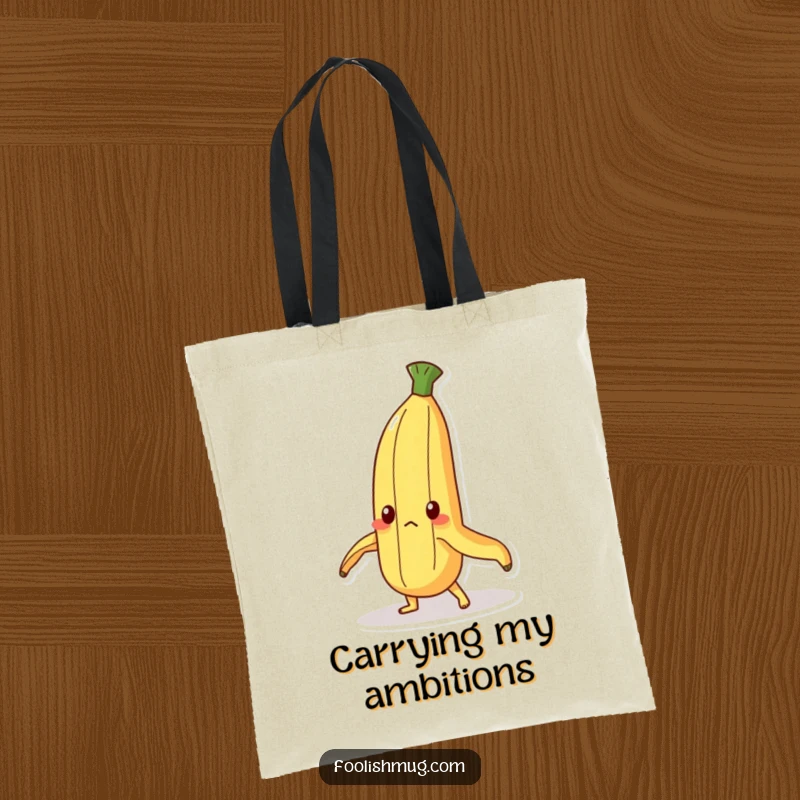 Funny Tote Bag: A determined banana peel character humorously trying to stay upright. A practical and humorous accessory.