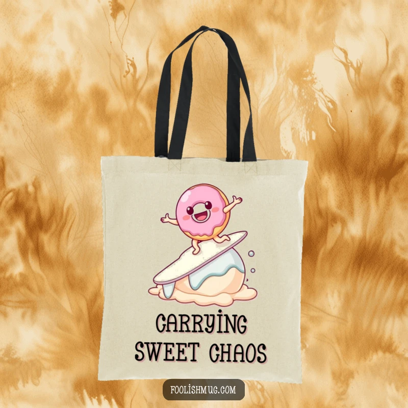 Funny Donut Tote Bag showcasing a smiling donut character hilariously attempting to surf on a melting scoop of ice cream.