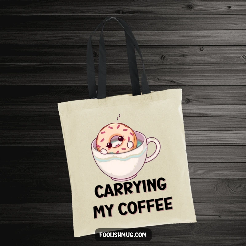 Funny tote bag depicting a donut attempting to swim in a coffee mug, perfect for carrying everyday essentials with a touch of breakfast humor.