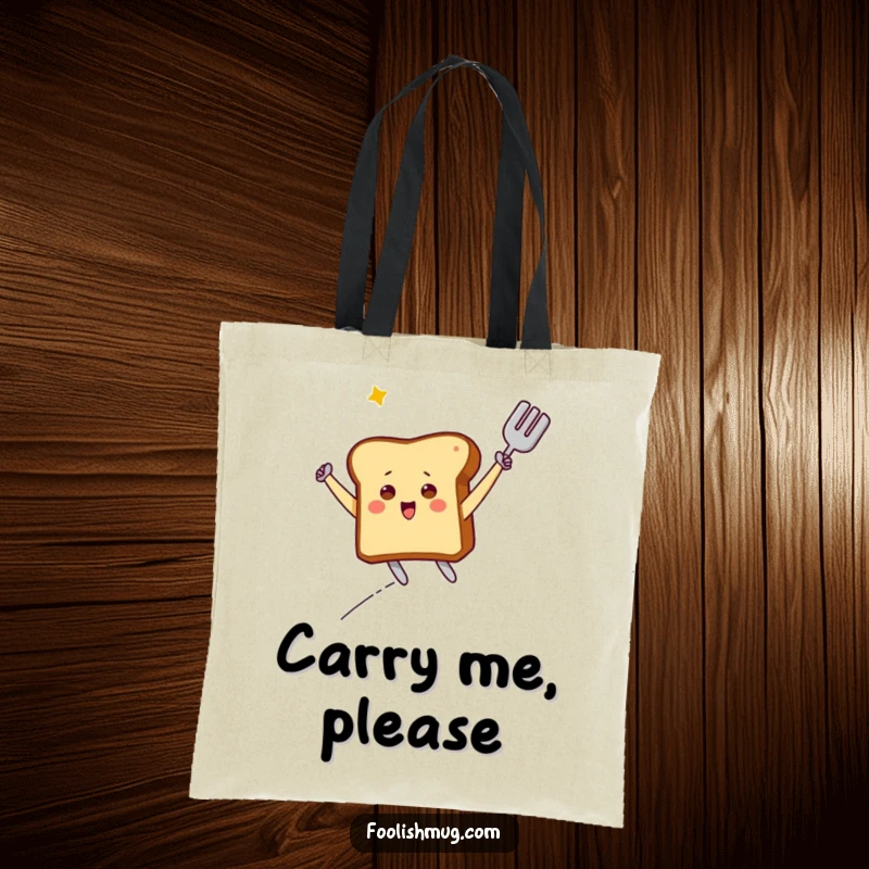 Funny Tote Bag: A dynamic toast character dramatically airborne on a spatula, symbolizing breakfast joy and playful energy.