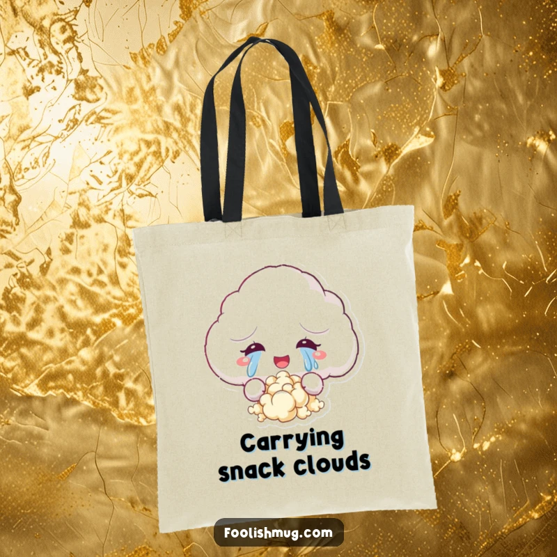 Funny tote bag depicting a fluffy cloud character crying tears of joy that turn into popcorn, perfect for carrying everyday essentials humorously.
