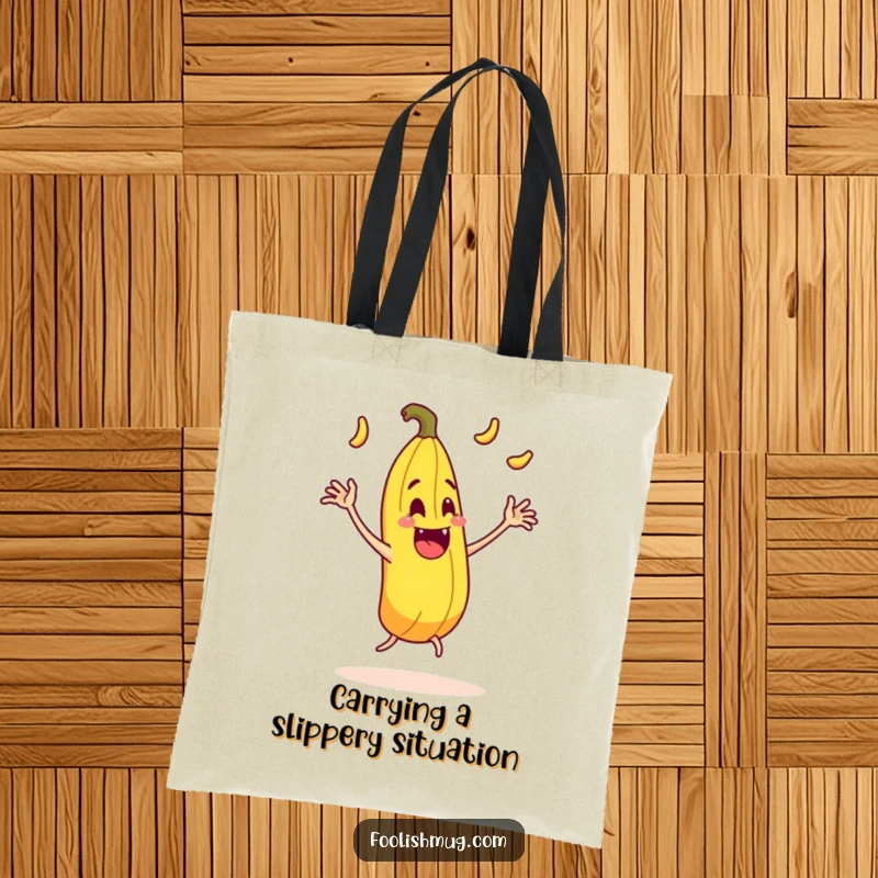 Funny juggling banana peel character comically slipping on itself with exaggerated motion on a tote bag, a comedic accessory.