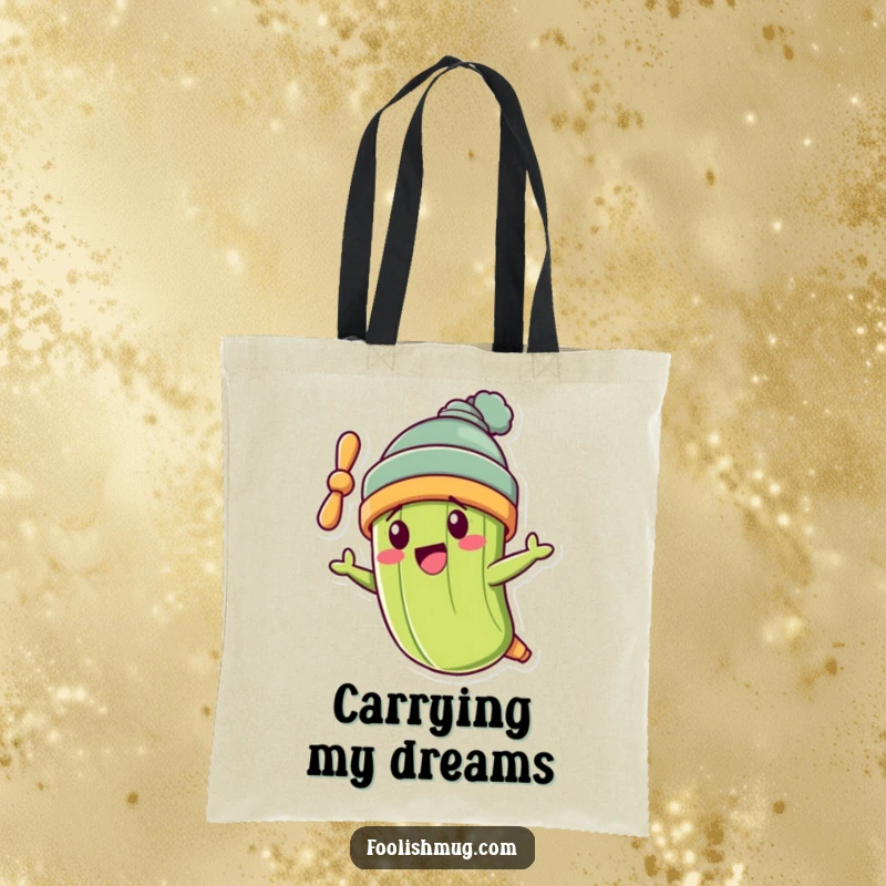 Funny pickle character wearing a propeller beanie, flying crookedly on a funny tote bag, perfect for shopping.