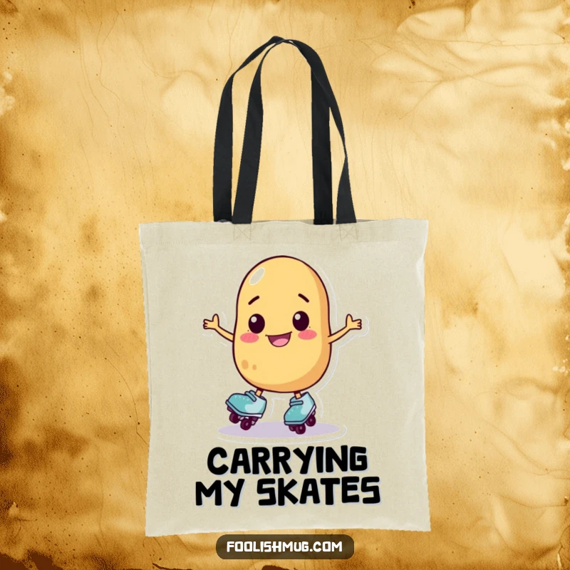 Funny potato character on roller skates wobbling, a humorous tote bag, a perfect funny gift.