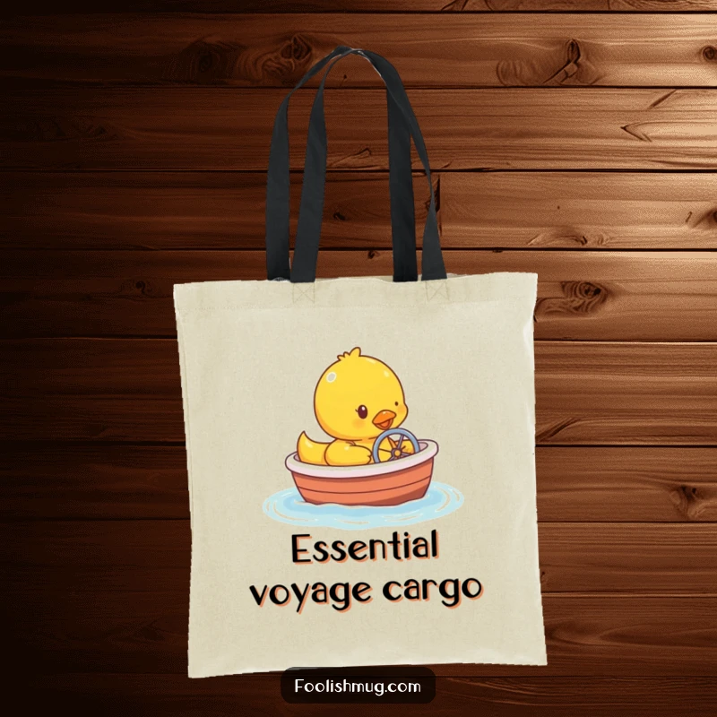 Funny rubber ducky character captaining a bathtub boat, showcased on a reusable tote bag for shopping.