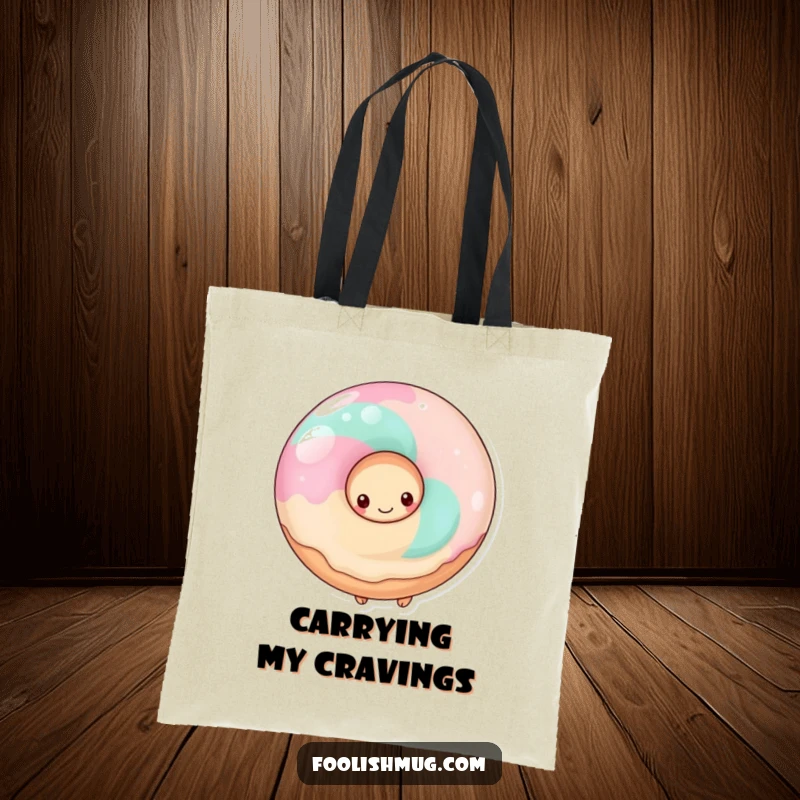 Funny shy donut hiding behind a giant lollipop, on a tote bag, perfect for carrying sweet finds.
