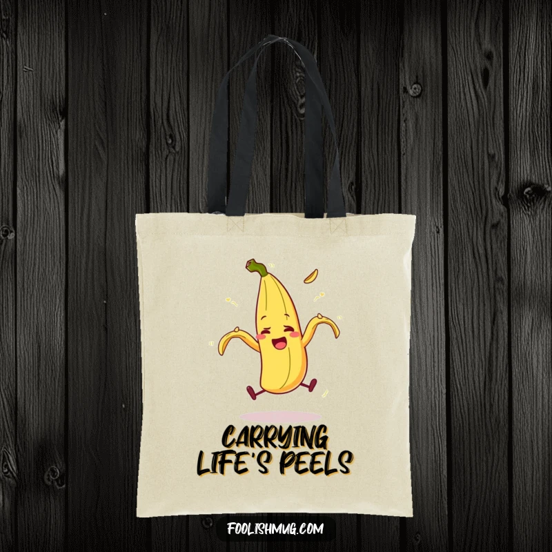 Funny banana peel character comically slipping on itself, a durable and humorous tote bag, a quirky funny gift.