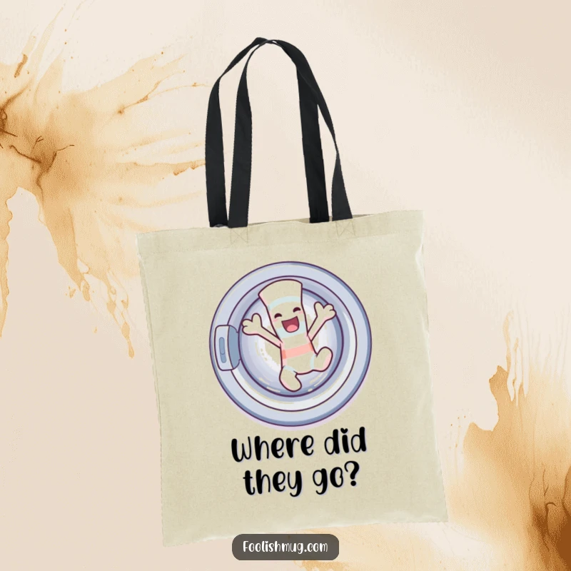 Funny sock character dancing wildly out of a washing machine on a tote bag, perfect for carrying humor and essentials.