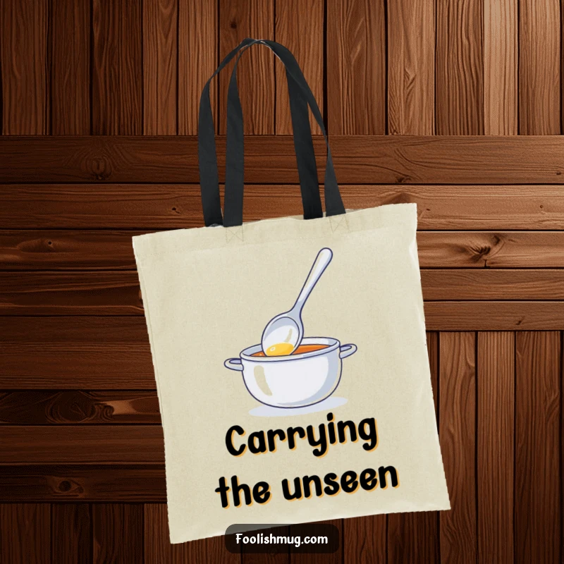 Funny tote bag with a shiny spoon character stirring invisible soup, ideal for carrying essentials with a humorous and quirky flair.