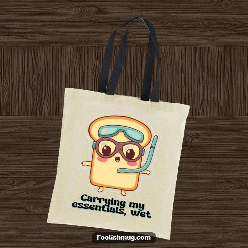 Funny bread loaf character wearing tiny goggles and snorkel, looking surprised on a reusable tote bag, perfect for shopping.