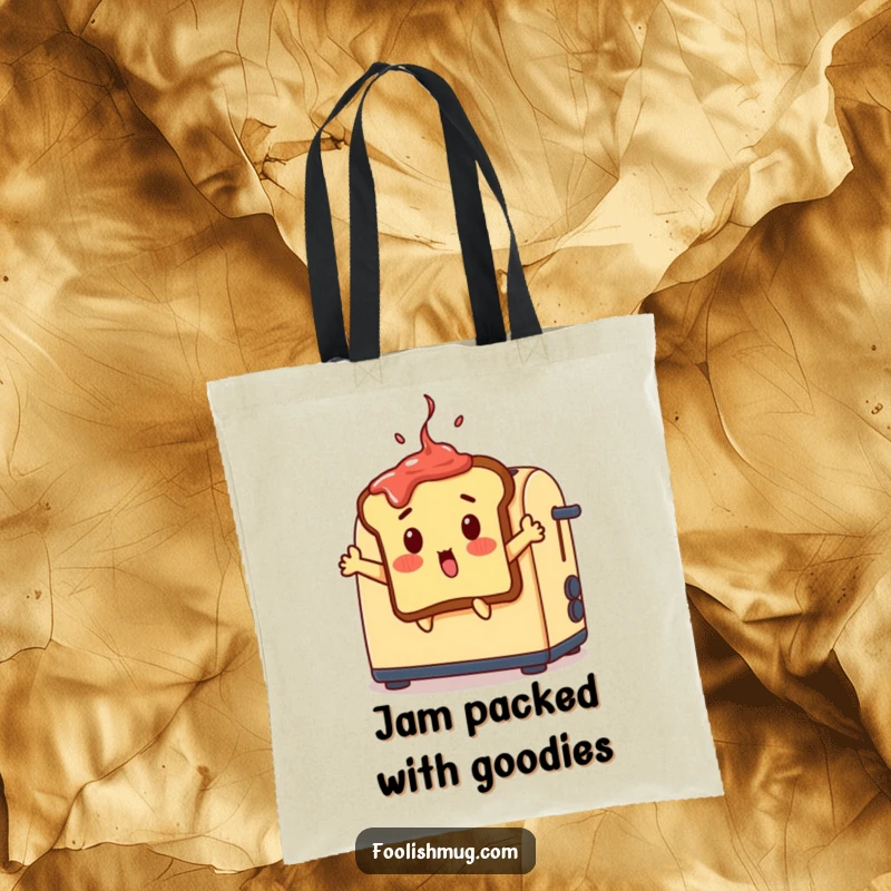 Funny surprised toast tote bag, a toast slice with jam jumping out of a toaster, practical funny gift.