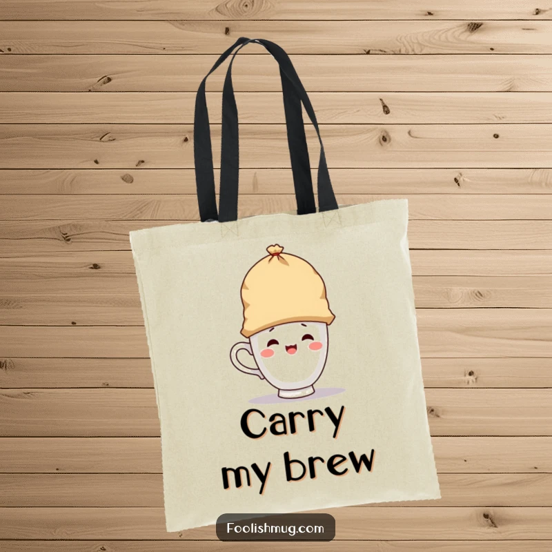 Funny tote bag illustrating a playful teacup character wearing a giant teabag as a hat, a humorous and practical funny gift accessory.