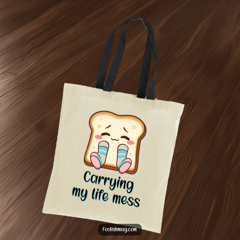 Funny toast slice with mismatched socks bulging from a tote bag, a humorous and practical accessory.