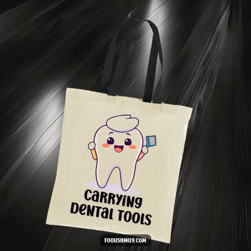 Funny Tote Bag: A smiling toothbrush character scrubbing a molar, perfect for carrying dental supplies with a humorous touch.