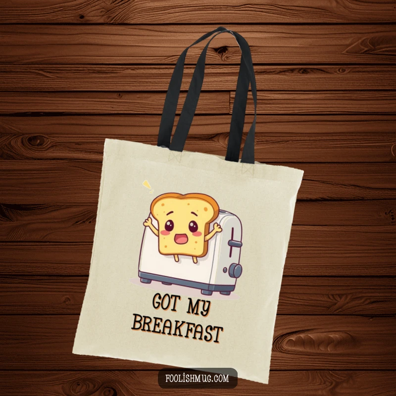 Funny tote bag illustrating a surprised bread slice comically leaping out of a toaster, a humorous and functional funny gift accessory.