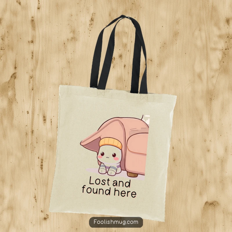 Funny Shy Sock Tote Bag: A shy sock humorously peeks from under a couch, making this bag perfect for gentle souls.