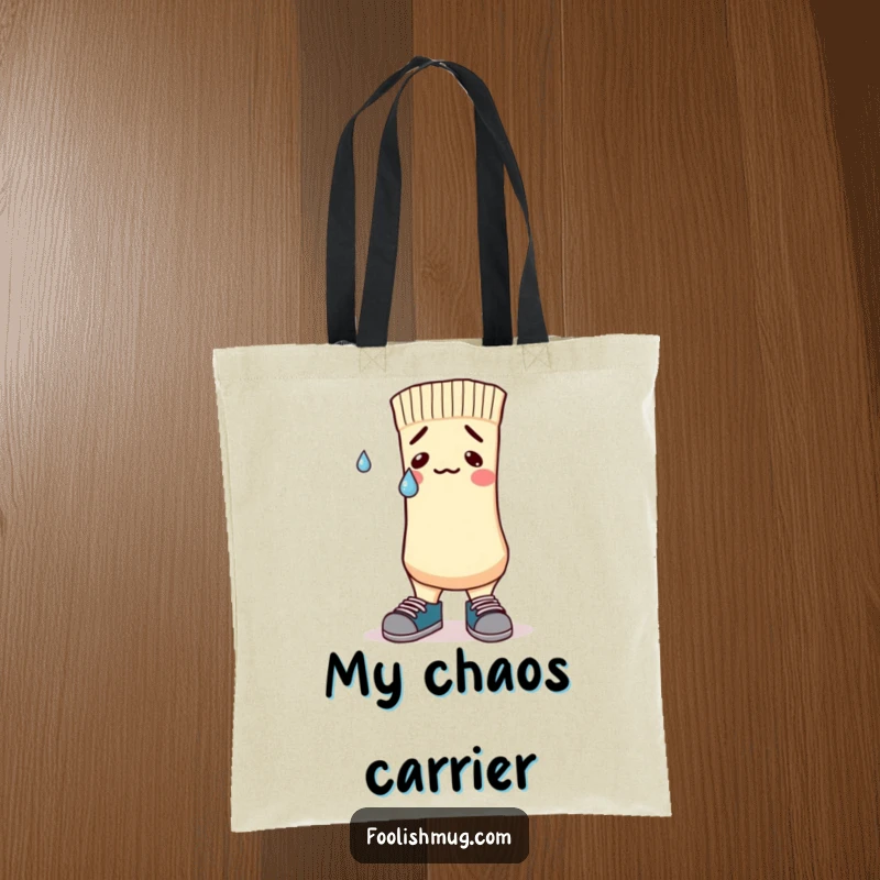 Funny Tote Bag showing a nervous sock character with mismatched shoes and a sweatdrop, designed for comic relief.