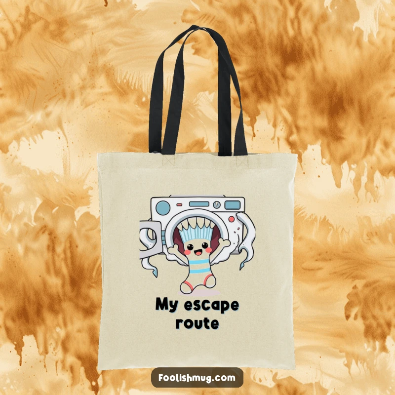 Funny sock character triumphantly escaping a laundry monster, printed on a practical tote bag.