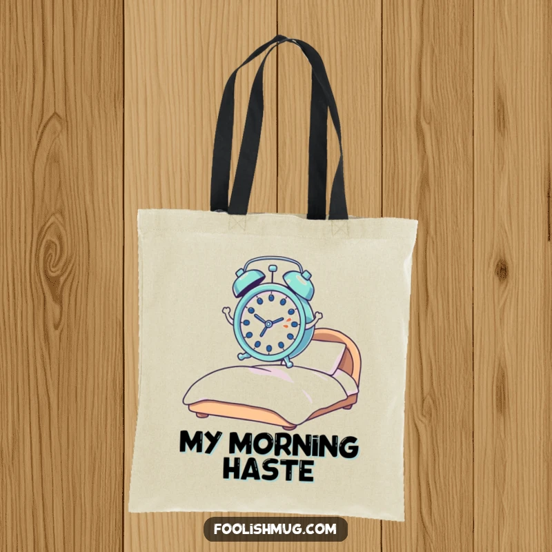 Funny alarm clock tote bag, tiny and shocked, comically leaping with springs from a bed, perfect for carrying items with humorous urgency.